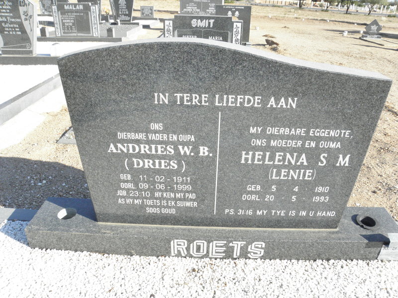 ROETS Andries W.B. 1911-1999 & Helena S.M. 1910-1993