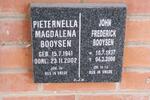 BOOYSEN John Frederick 1937-2008 & Pieternella Magdalena 1941-2002