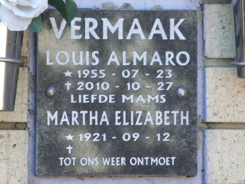 VERMAAK Louis Almaro 1955-2010 & Martha Elizabeth 1921-
