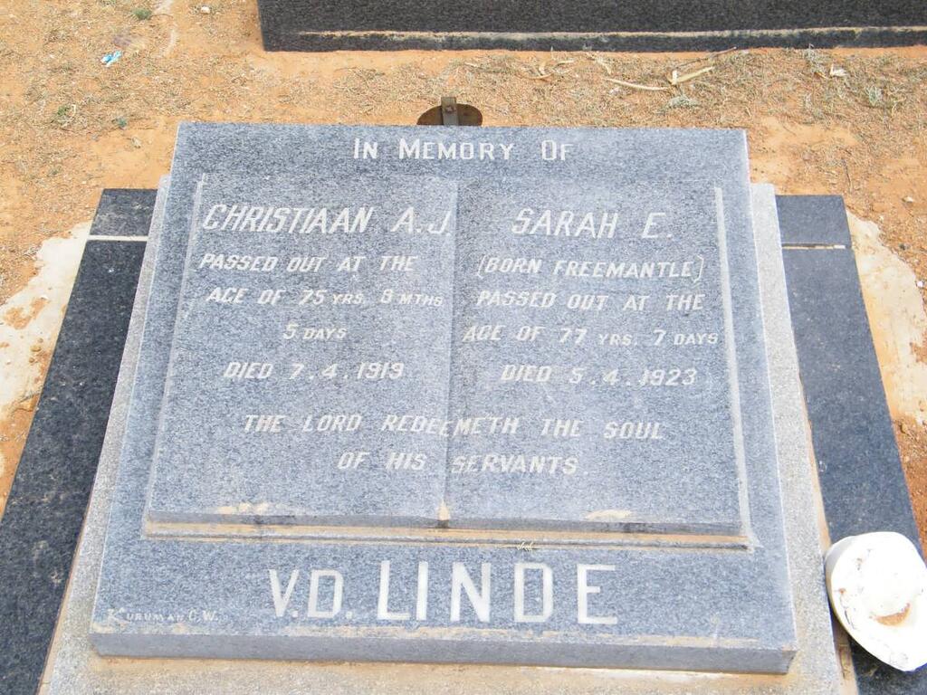 LINDE Christiaan A.J., v.d. -1919 & Sarah E. FREEMANTLE -1923