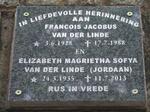 LINDE Francois Jacobus, van der 1928-1988 & Elizabeth Magrietha Sofya JORDAAN 1935-2013
