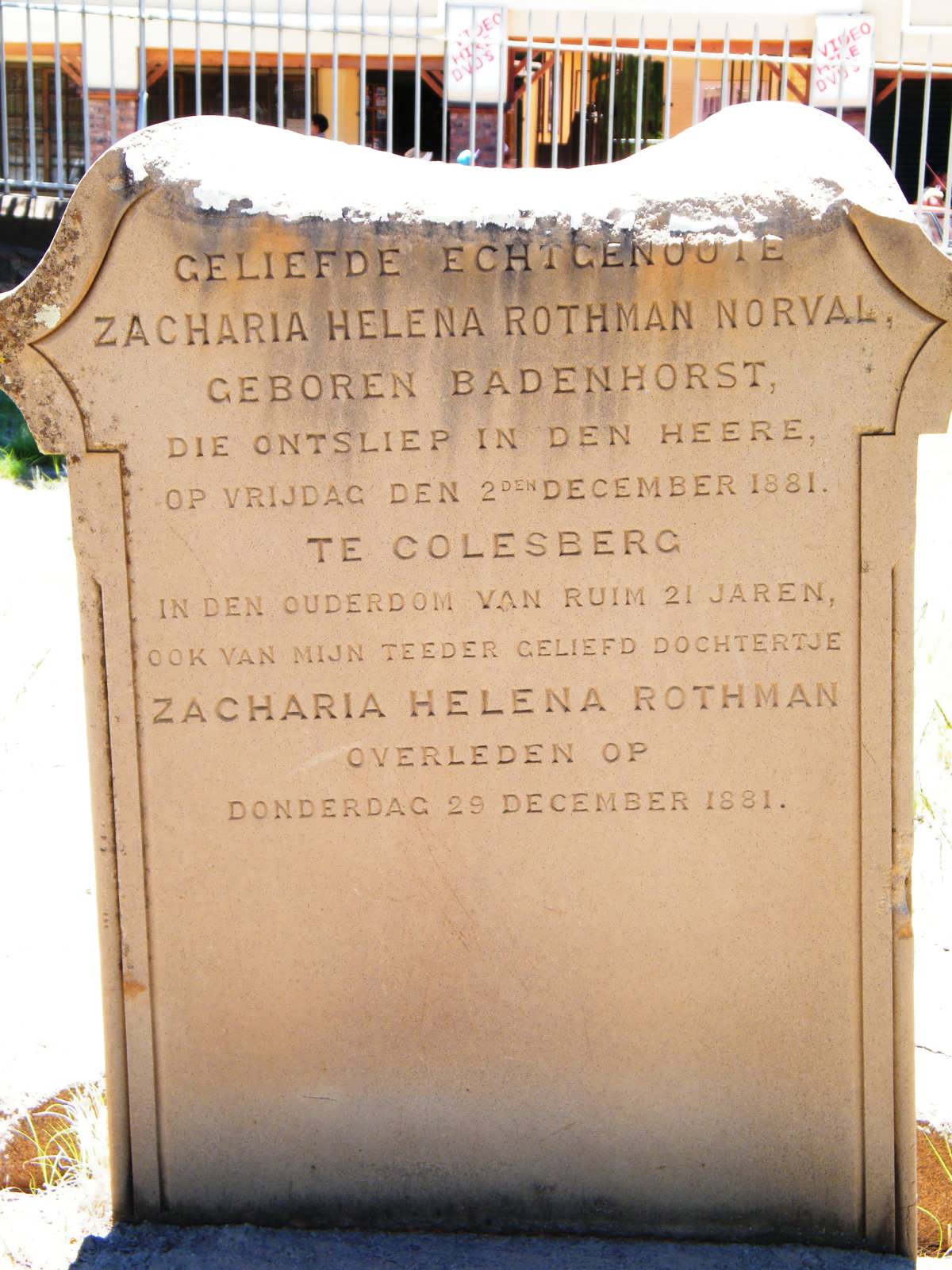 NORVAL Zacharia Helena Rothman nee BADENHORST -1881 :: NORVAL Zacharia Helena Rothman -1881