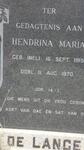 LANGE Hendrina Maria, de nee NEL 1915-1970 