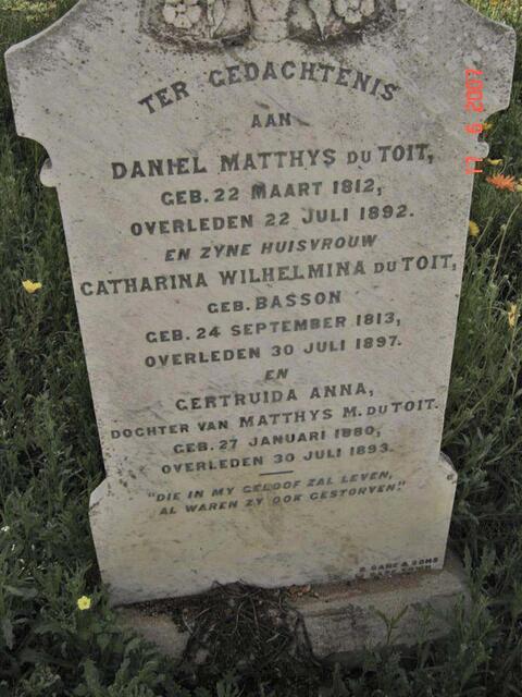 TOIT Daniel Matthys, du 1812-1892 & Catharina Wilhelmina BASSON 1813-1897