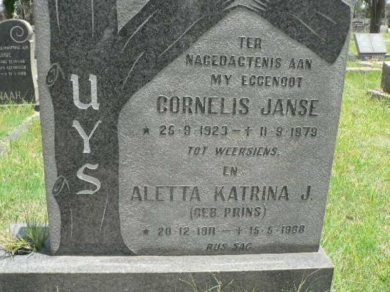 UYS Cornelis Janse 1923-1979 & Aletta Katrina J. PRINS 1911-1988