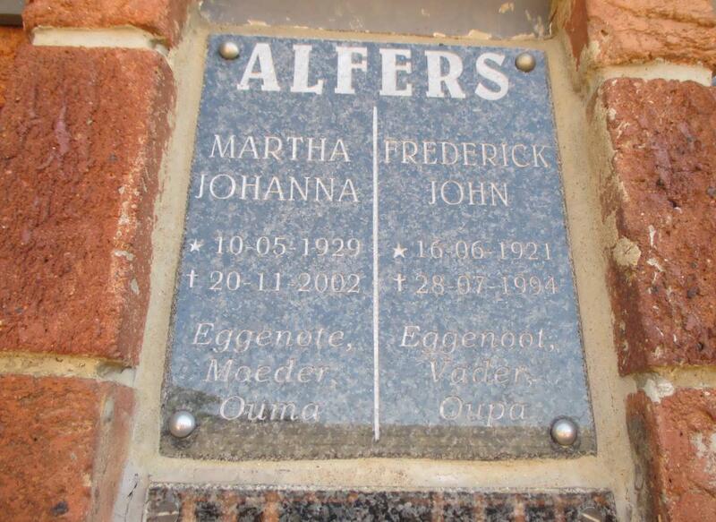 ALFERS Federick John 1921-1994 & Martha Johanna 1929-2002