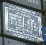 LINGENFELDER Frederick Christian 1930-2008 & Anna Alletta 1935-2014