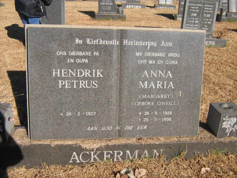 ACKERMAN Hendrik Petrus 1927- & Anna Maria O'NEILL 1928-1998