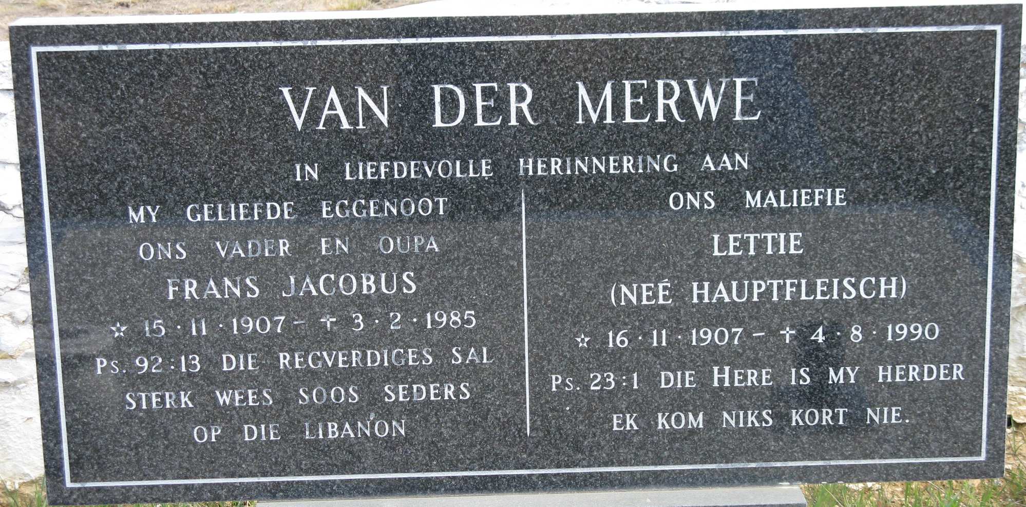 MERWE Frans Jacobus, van der 1907-1985 & Lettie HAUPTFLEISCH 1907-1990