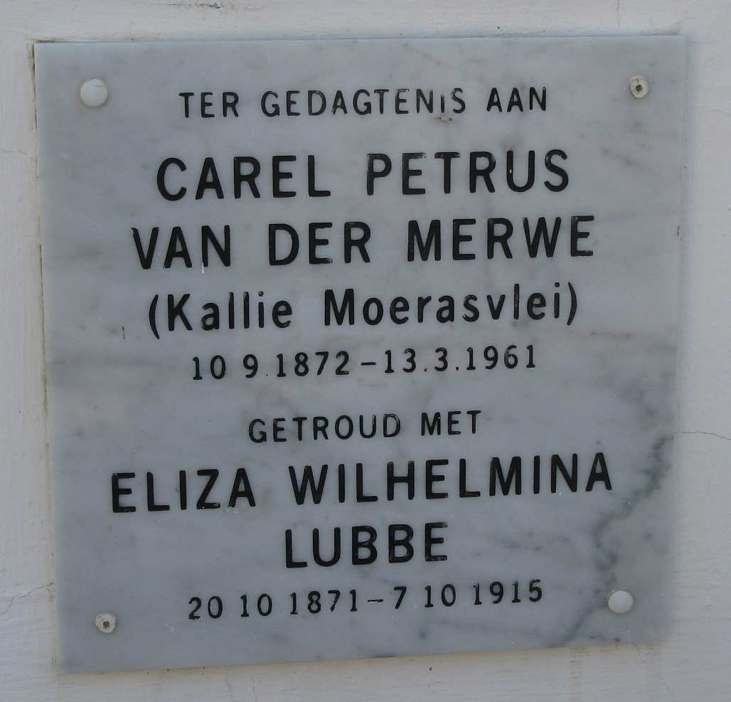 MERWE Carel Petrus, van der 1872-1961 & Eliza Wilhelmina LUBBE 1871-1915