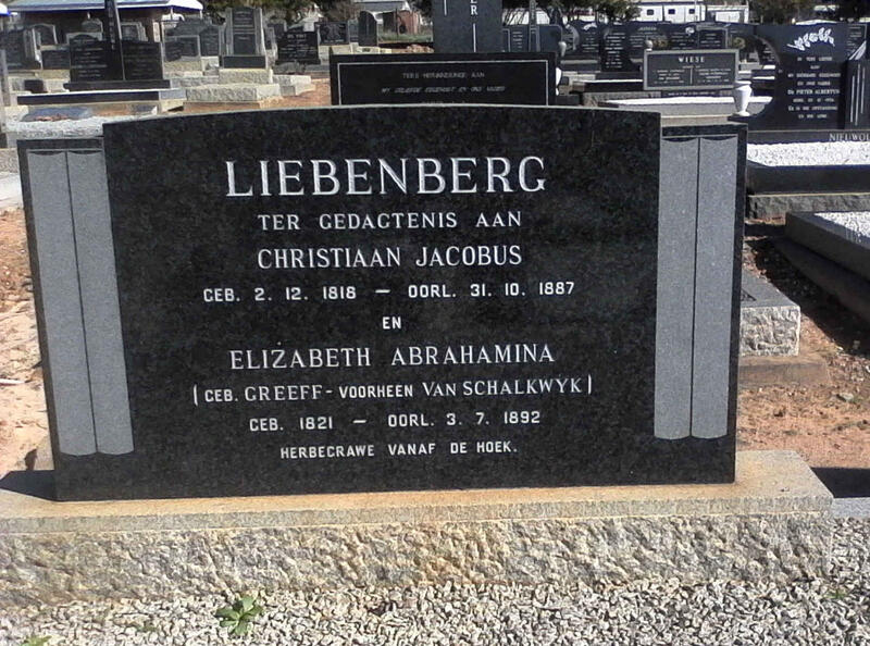 LIEBENBERG Christiaan Jacobus 1818-1887 & Elizabeth Abrahamina voorheen VAN SCHALKWYK nee GREEFF 1821-1892