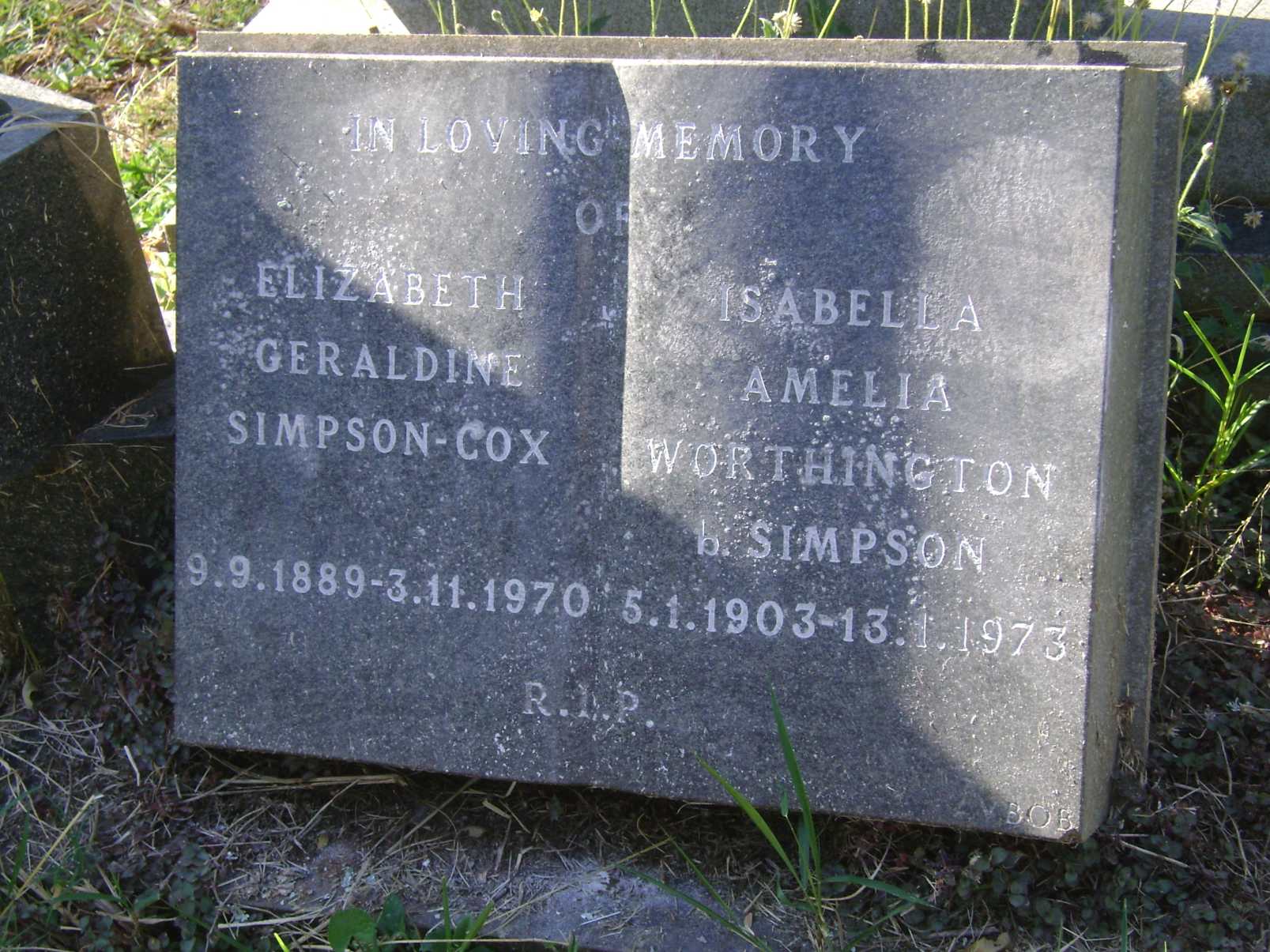 COX Elizabeth Geraldine, SIMPSON 1889-1970 :: WORTHINGTON Isabella Amelia nee SIMPSON 1903-1973