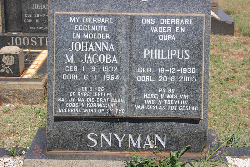 SNYMAN Philipus 1930-2005 & Johanna M. Jacoba 1932-1964
