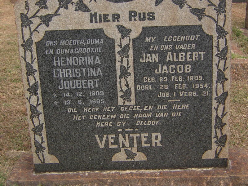 VENTER Jan Albert Jacob 1909-1954 & Hendrina Christina JOUBERT 1909-1995