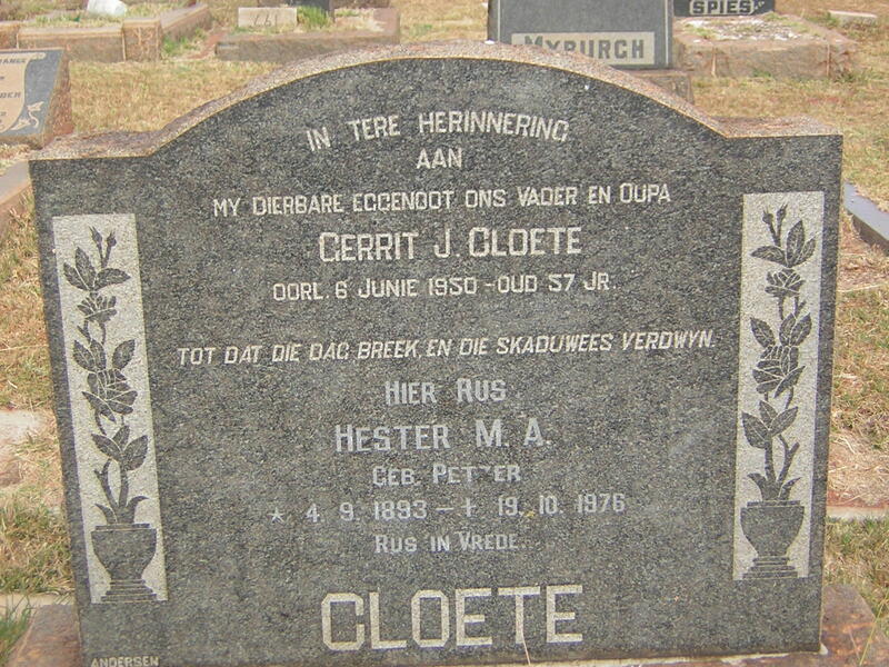 CLOETE Gerrit J. -1950 & Hester M.A. PETZER 1893-1976