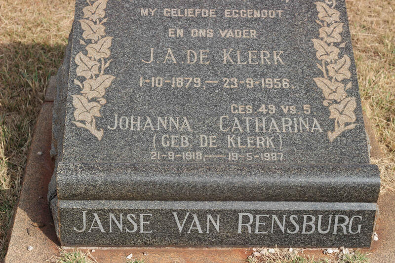 KLERK J.A., de 1879-1956 :: JANSE VAN RENSBURG Johanna Catharina nee DE KLERK 1918-1987
