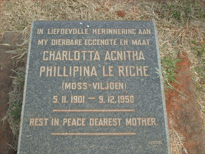 RICHE Charlotta Agnita Phillipina, le formerly MOSS nee VILJOEN 1901-1958