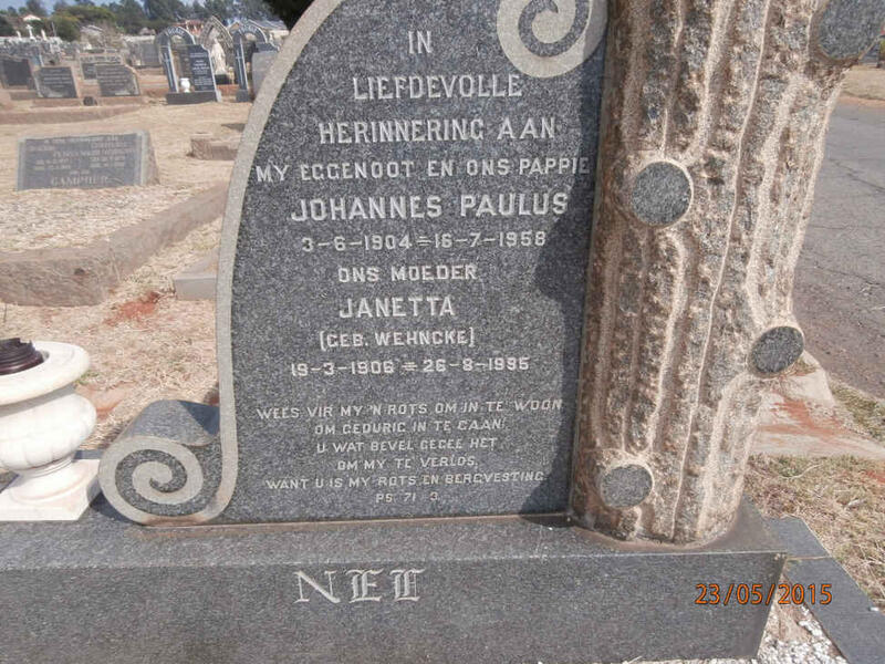 NEL Johannes Paulus 1904-1958 & Janetta WEHNCKE 1906-1995