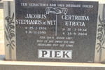 PIEK Jacobus Stephanus de Wet 1936-1980 & Gertruida Etricia 1934-2004
