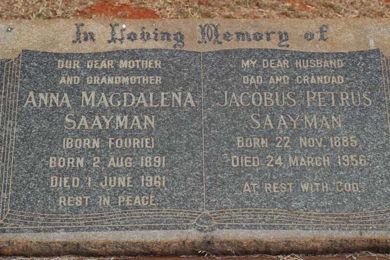 SAAYMAN Jacobus Petrus 1885-1956 & Anna Magdalena FOURIE 1891-1961