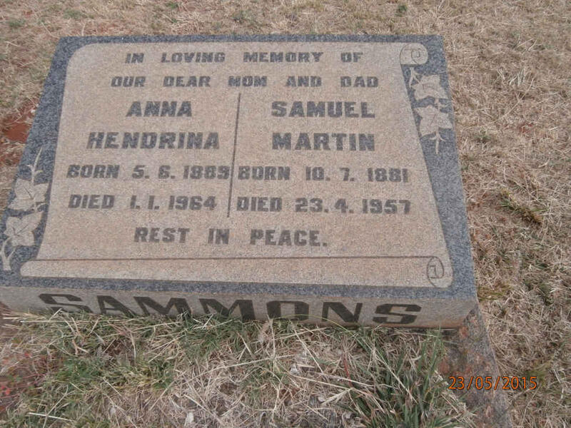 SAMMONS Samuel Martin 1881-1957 & Anna Hendrina 1889-1964