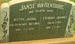 RENSBURG Frederick Johannes, Janse van  1891-1977 & Aletta Jacoba HATTINGH 1897-1978