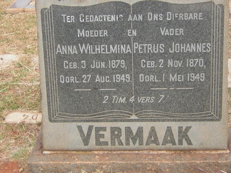 VERMAAK Petrus Johannes 1870-1949 & Anna Wilhelmina 1879-1949