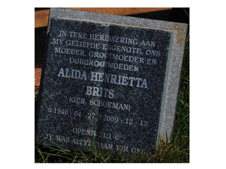 BRITS Alida Henrietta nee SCHOEMAN 1940-2009