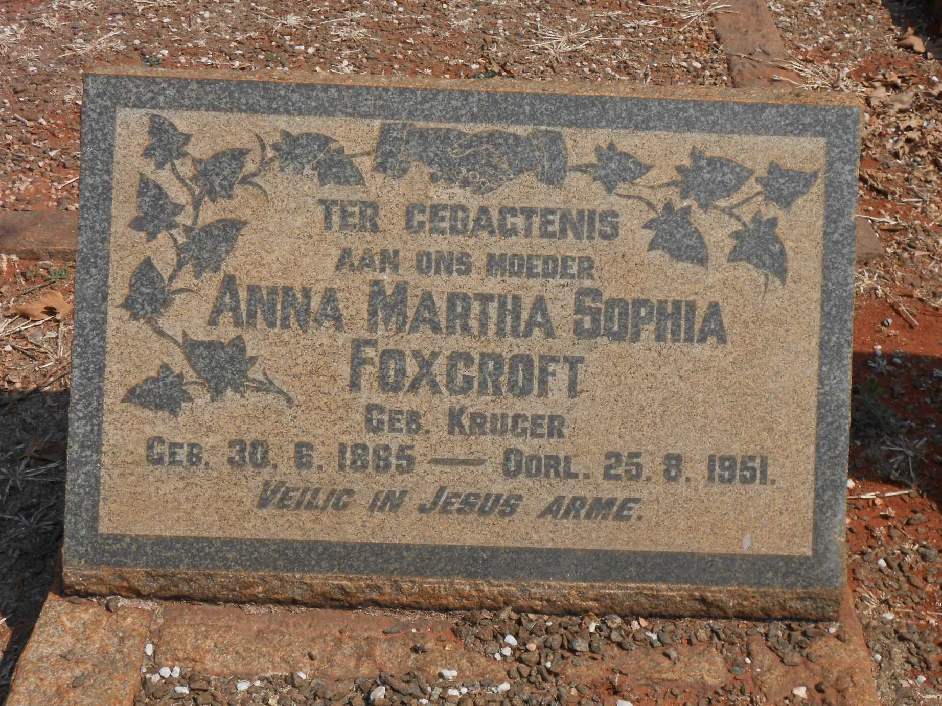 FOXCROFT Anna Martha Sophia nee KRUGER 1895-1951