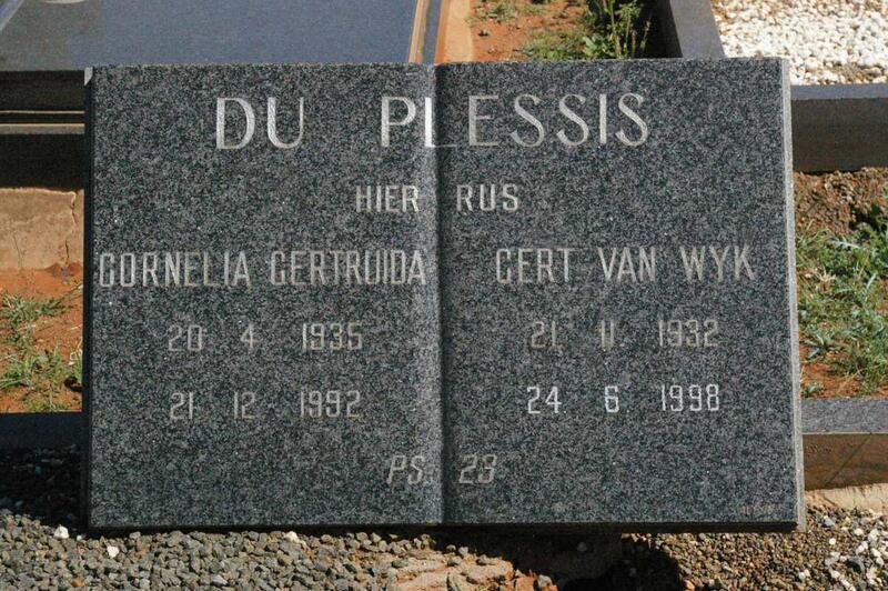PLESSIS Gert van Wyk, du 1932-1998 & Cornelia Gertruida 1935-1992