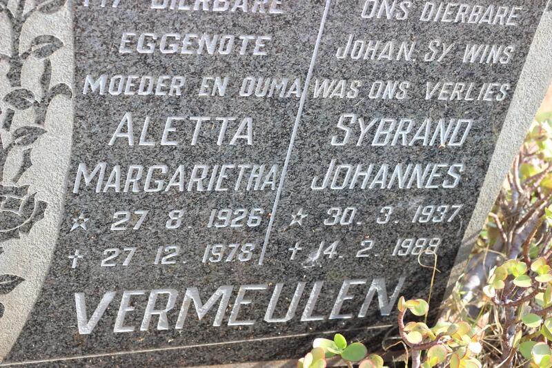 VERMEULEN Sybrand Johannes 1937-1988 & Aletta Margarietha 1926-1978