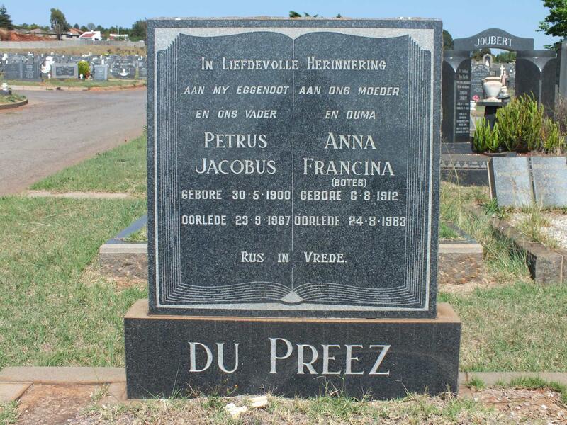 PREEZ Petrus Jacobus, du 1900-1967 & Anna Francina BOTES 1912-1983