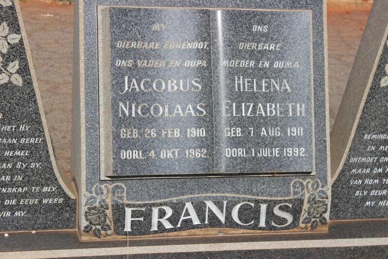 FRANCIS Jacobus Nicolaas 1910-1962 & Helena Elizabeth 1911-1992