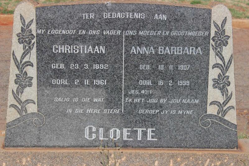CLOETE Christiaan 1892-1961 & Anna Barbara 1907-1999
