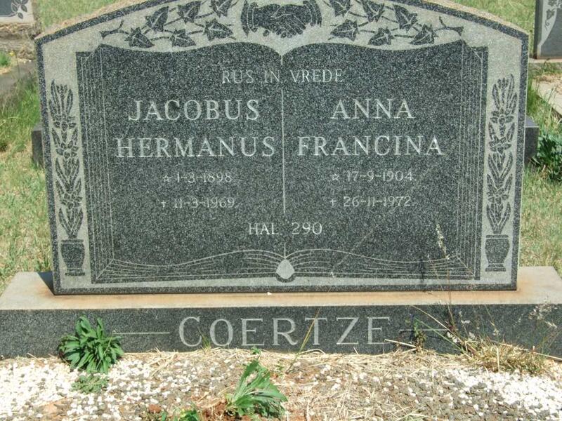 COERTZE Jacobus Hermanus 1898-1969 & Anna Francina 1904-1972