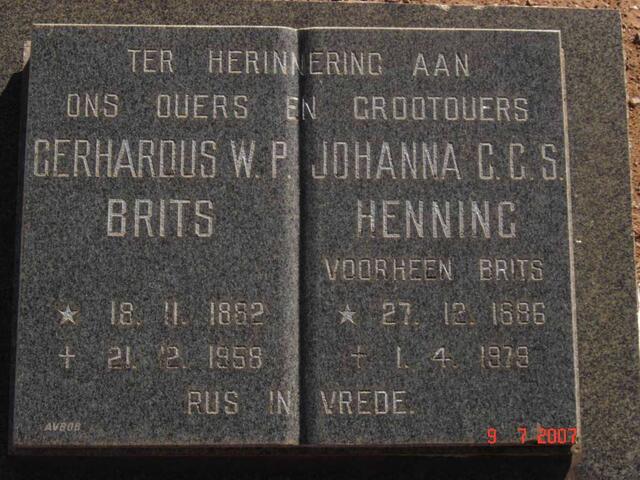 BRITS Gerhardus W.P. 1862-1958 & Johanna C.C.S. HENNING formerly BRITS 1886-1979