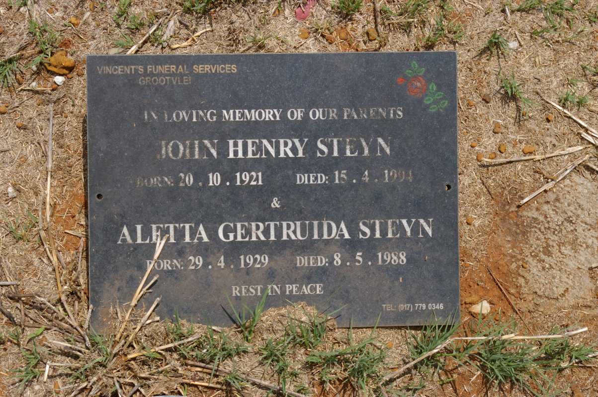 STEYN John Henry 1921-1994 & Aletta Gertruida 1929-1988