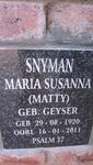 SNYMAN Maria Susanna nee GEYSER 1920-2011