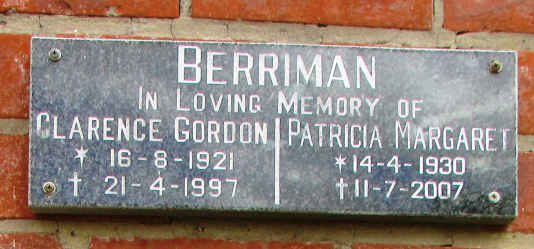 BERRIMAN Clarence Gordon 1921-1997 & Patricia Margaret 1930-2007