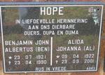 HOPE Benjamin John Albertus 1921-1990 & Alida Johanna 1922-2001