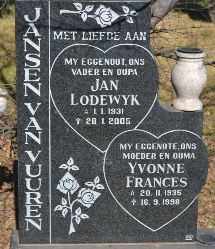 VUUREN Jan Lodewyk, Jansen van 1931-2005 & Yvonne Frances 1935-1998