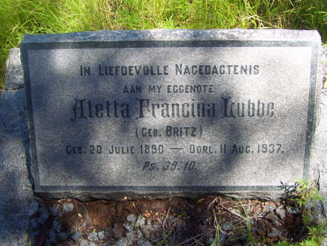LUBBE Aletta Francina nee BRITZ 1890-1937