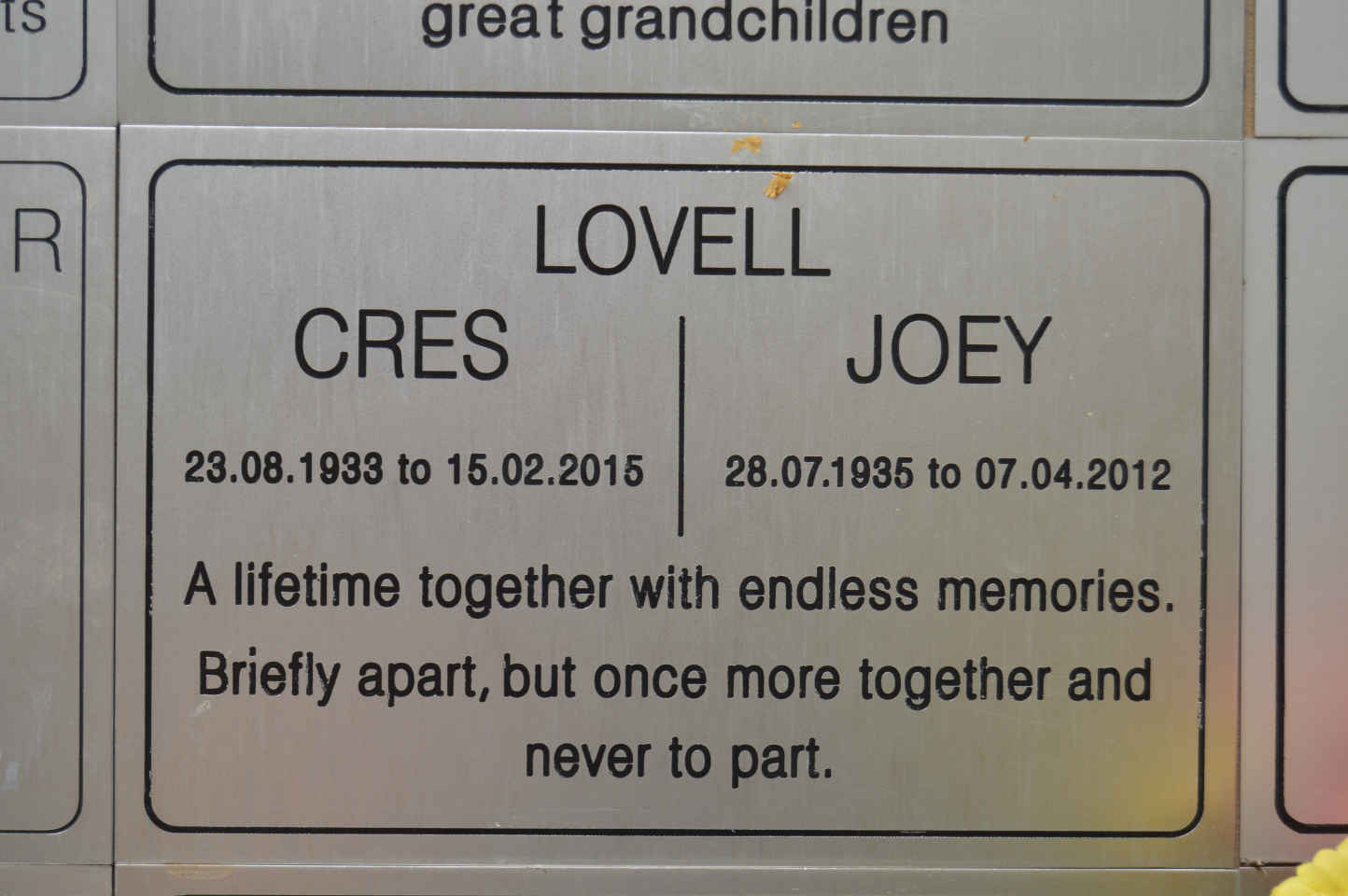 LOVELL Cres 1933-2015 & Joey 1935-2012