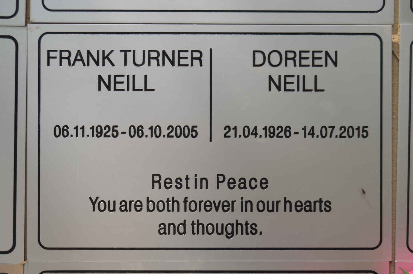 NEILL Frank Turner 1925-2005 & Doreen 1926-2015