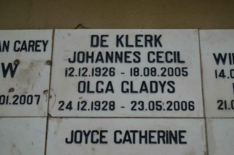 KLERK Johannes Cecil, de 1926-2005 & Olga Gladys 1928-2006