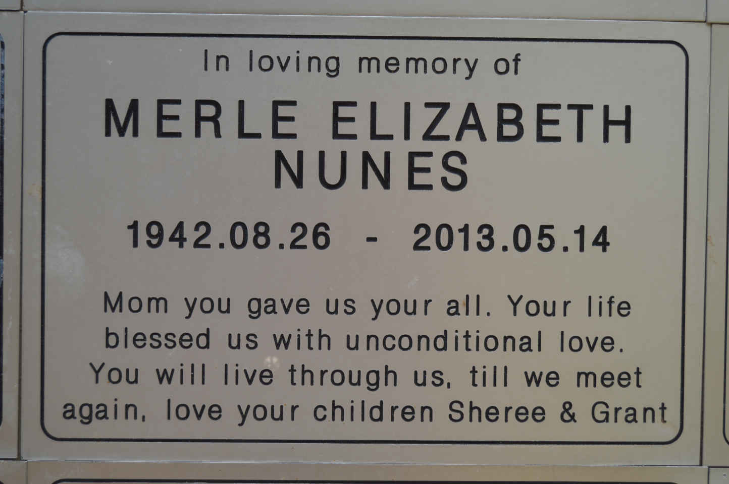 NUNES Merle Elizabeth 1942-2013