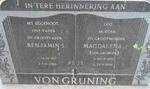 GRÜNNING Benjamin S., von 1917-1983 & Magdalena J. GROBLER 1922-1996