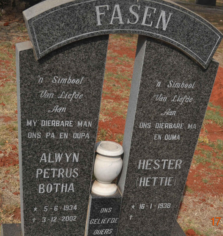 FASEN Alwyn Petrus Botha 1934-2002 & Hester 1938-
