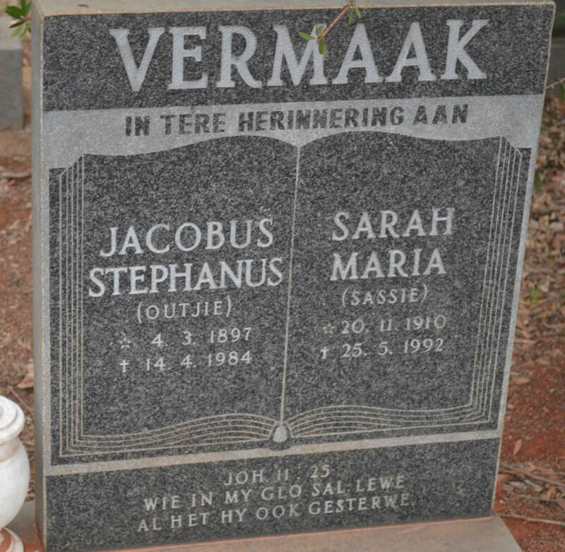 VERMAAK Jacobus Stephanus 1897-1984 & Sarah Maria 1910-1992