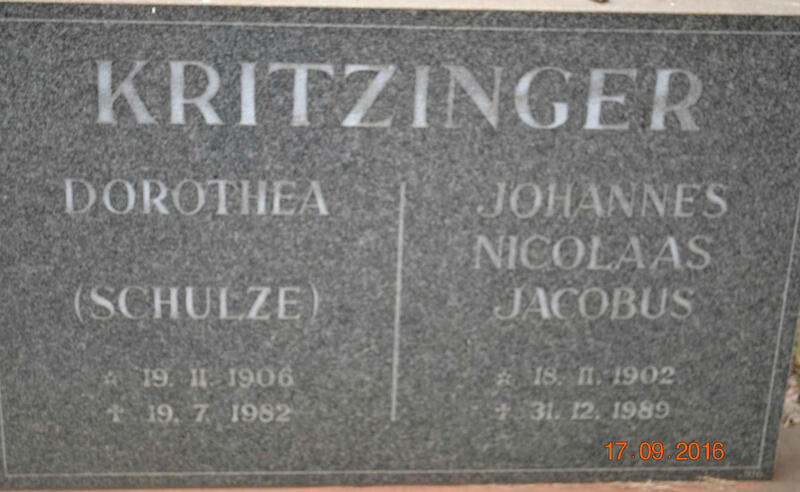 KRITZINGER Johannes Nicolaas Jacobus 1902-1989 & Dorothea SCHULZE 1906-1982